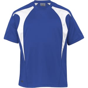 A blue t-shirt with white spliced accents and a logo. Features short sleeves and a sporty design.