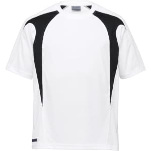A white tee with black spliced design, featuring short sleeves and a logo on the hem.