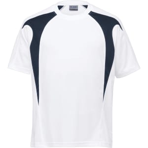 A white T-shirt with navy spliced accents, featuring short sleeves and a logo.