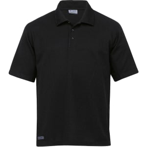 A black polo shirt with short sleeves and a collar, featuring a logo.