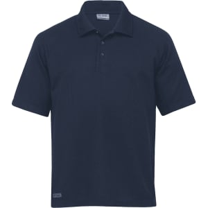 A navy polo shirt featuring short sleeves and a collar, with a logo on the side.