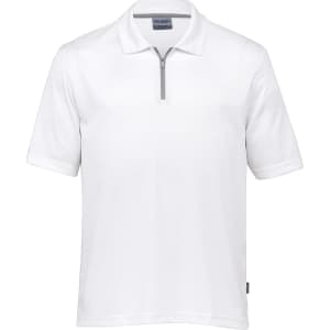 A white polo shirt with a zip collar and a branding logo.