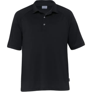 A black men's polo shirt with a collar, featuring short sleeves and a small logo.