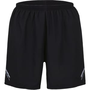 Black sports shorts featuring an elastic waistband and a logo design on the side.