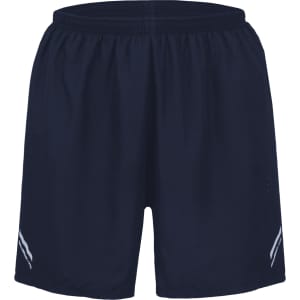 Navy sports shorts featuring an elastic waistband and a logo on the side.