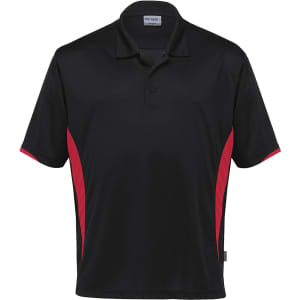 A black polo shirt with red accents, featuring a collar and a logo on the upper part.