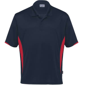 A navy polo shirt with red side panels, featuring a logo on the chest.