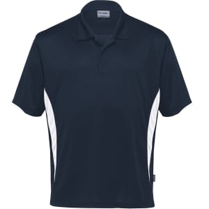 A navy polo shirt featuring white side panels and a collar, with a logo at the front.