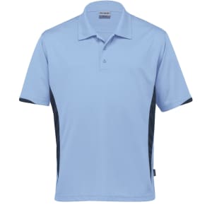 A light blue polo shirt with black side panels and a logo on the chest.
