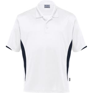 A white polo shirt featuring navy accents, with a collar and a logo on the chest.