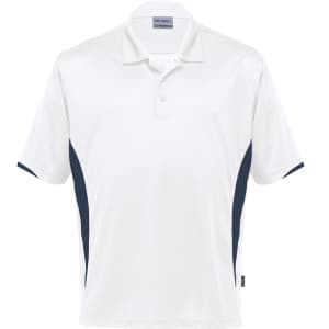 A white polo shirt with navy side panels and a logo on the chest. Short-sleeved and made of moisture-wicking fabric.