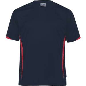A navy T-shirt with red accents and a logo, designed for youth. It features a sporty style and a relaxed fit.