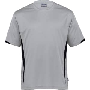 A grey t-shirt with black side stripes and a logo on the neckline.