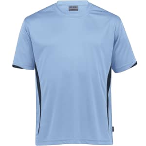 A light blue t-shirt with black side accents and a logo on the chest. Suitable for youth sports and casual wear.