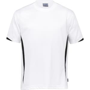 A white T-shirt with black side accents and short sleeves, featuring a logo.