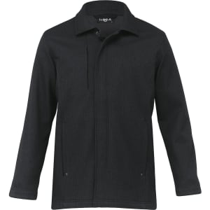 A black soft shell jacket with a collar and front pockets, featuring a logo on the chest area.