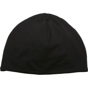 A black Merino Arctic Beanie with a smooth, stretchy texture, featuring a logo.