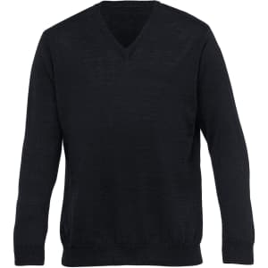 A black merino wool detailed Vee pullover for men, featuring long sleeves and a V-neck design.