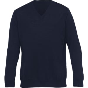 A dark navy Merino wool Vee pullover sweater featuring long sleeves and a classic fit.