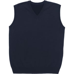 A navy blue sleeveless vest with a V-neck design and a ribbed hem. Features a logo on the side.