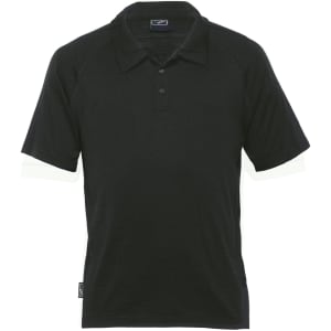 Merino short sleeve polo in black with contrasting light-coloured sleeves, featuring a logo on the chest.