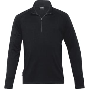A black Merino zip pullover for men, featuring a quarter zip and long sleeves. It has a logo on the side.