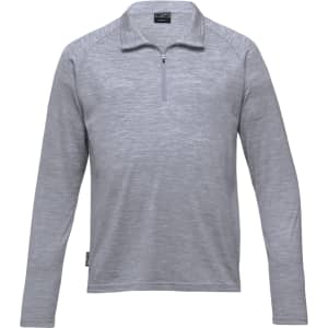 A grey men's Merino zip pullover with a quarter zip and long sleeves, featuring a logo on the side.