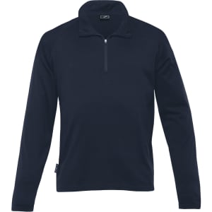 A navy Merino zip pullover for men featuring a half-zip front and long sleeves, with a branding logo.