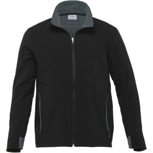 A black soft shell jacket for men with a zip closure and contrasting grey trim. Features a collar and has a logo.