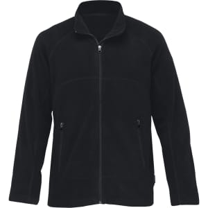 A black microfleece jacket with a zip front and two side pockets, featuring a logo.