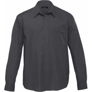 A dark grey button-up shirt with long sleeves and a chest pocket, featuring a collar and branding label.