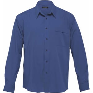 A blue long-sleeve button-up shirt featuring a chest pocket and a branded label.