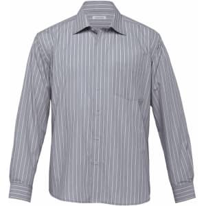 A grey button-up shirt with vertical stripes and a single chest pocket. It has a collar and long sleeves.