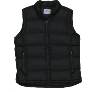 A black puffa vest with a high collar, featuring a front zip and two side pockets. It includes a branding logo.
