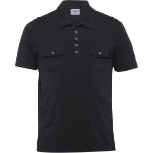 A black men's polo shirt featuring two chest pockets and a logo on the collar.
