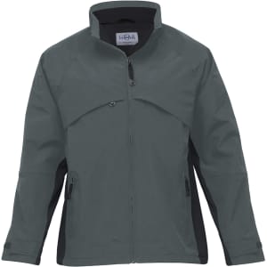 A rain jacket in dark grey with black accents, featuring a zip front and pockets and a logo on the chest.