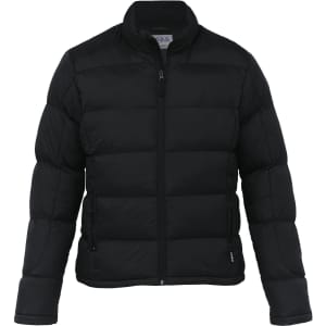 A black puffer jacket with a zip front, featuring a stand-up collar and side pockets. It has a logo on the chest.
