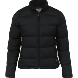 A black puffer jacket with a zip front and a high collar, featuring a logo on the upper chest area.