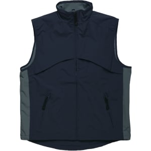 A navy and grey vest with a high collar and zippered pockets, featuring a logo.