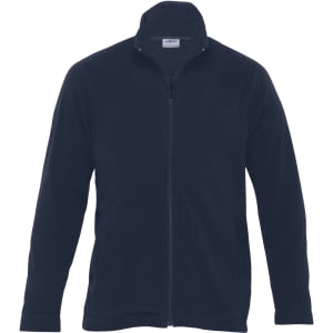 A navy polar fleece jacket with a zip front and high collar, featuring side pockets and a logo.