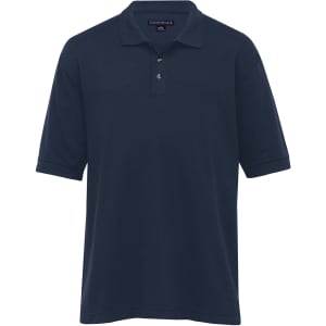 A navy blue Jacquard Ottoman Balmoral Polo shirt for men with a three-button placket and branding on the chest.