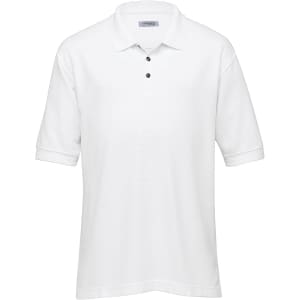 A white Jacquard Ottoman Balmoral polo shirt for men with a three-button placket and short sleeves. It has a logo.