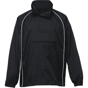 A black nylon jacket featuring white piping and a front zip pocket. It has a high collar and long sleeves.
