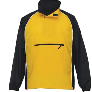 A nylon jacket featuring a bright yellow front and black sleeves, with a zippered pocket and a logo.