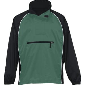 A green and black nylon jacket with a half-zip collar and a front pocket. It features a logo on the chest.