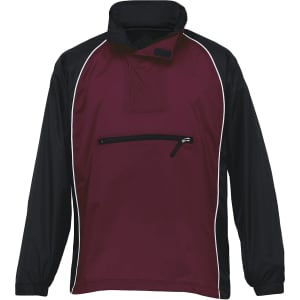 A maroon and black Nylon Jac Pac jacket featuring a zip pocket and a high collar. It has a logo on the front.