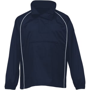 A navy Nylon Jac Pac jacket featuring a half-zip front and elastic cuffs. It has a logo on the front.