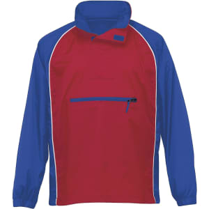 A red and blue Nylon Jac Pac jacket featuring a zippered pocket and a branding logo.