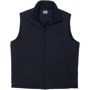 A navy blue men's vest with a zip front and a collar, featuring a logo on the chest area.