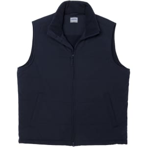 A navy blue men's vest featuring a zip front and a high collar, with a logo on the label.
